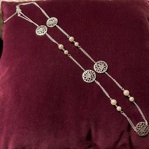 32” Silver and faux Pearl double strand necklace.